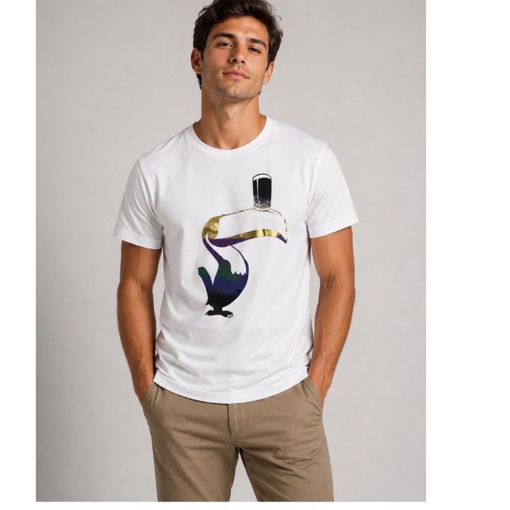 Guinness Mens White Toucan Graphic T-Shirt Metallic Iridescent Logo Medium